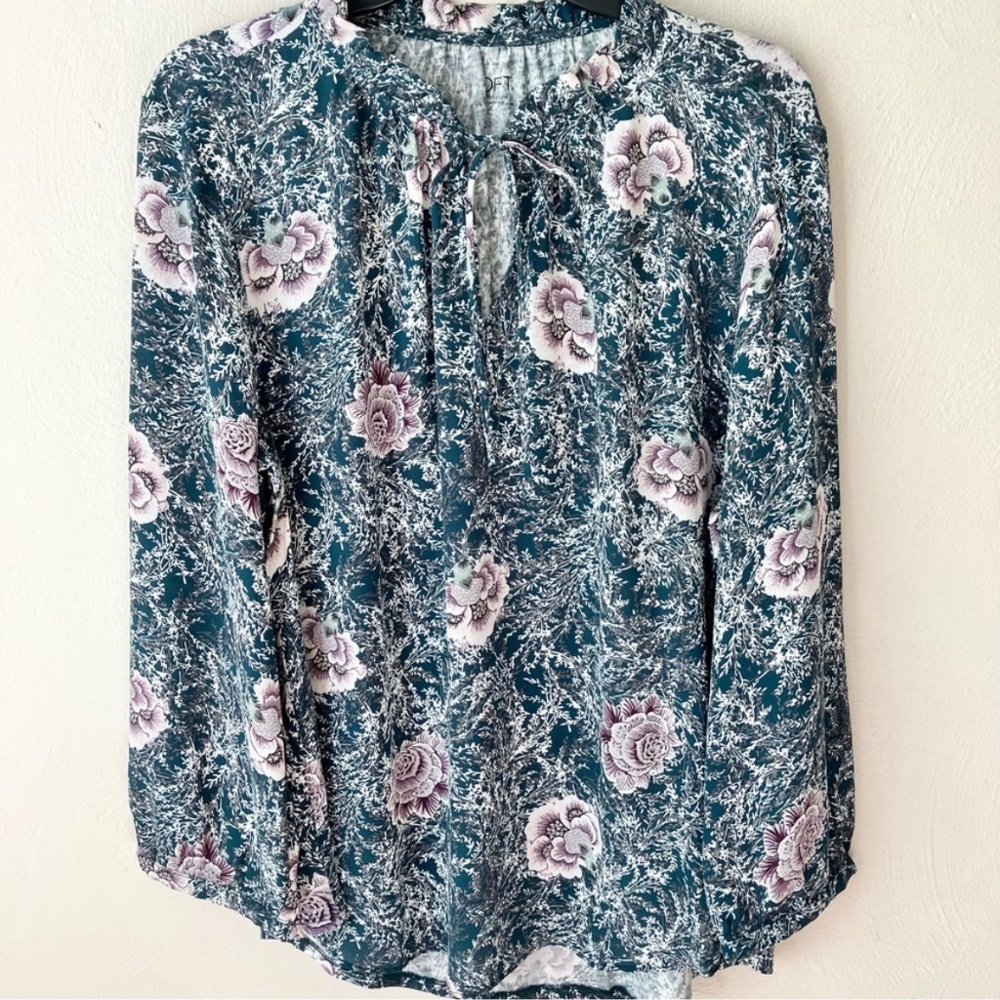 LOFT Green & Lavender Floral Print Peasant Top - Blouse
